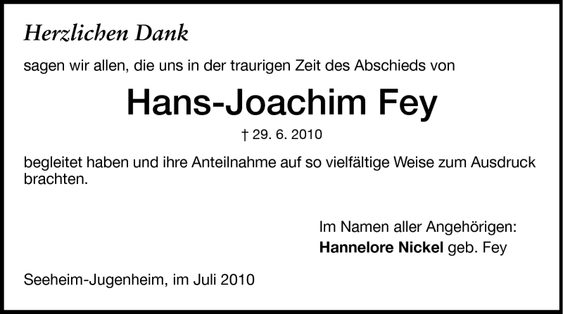  Traueranzeige für Hans-Joachim Fey vom 24.07.2010 aus Echo-Zeitungen (Gesamtausgabe)