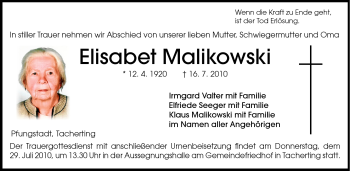 Traueranzeige von Elisabeth Malikowski von Echo-Zeitungen (Gesamtausgabe)