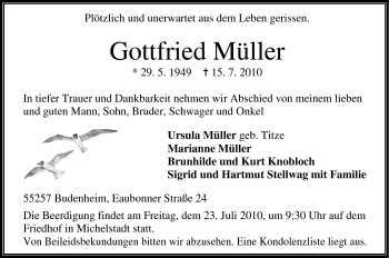 Traueranzeige von Gottfried Müller von Odenwälder Echo