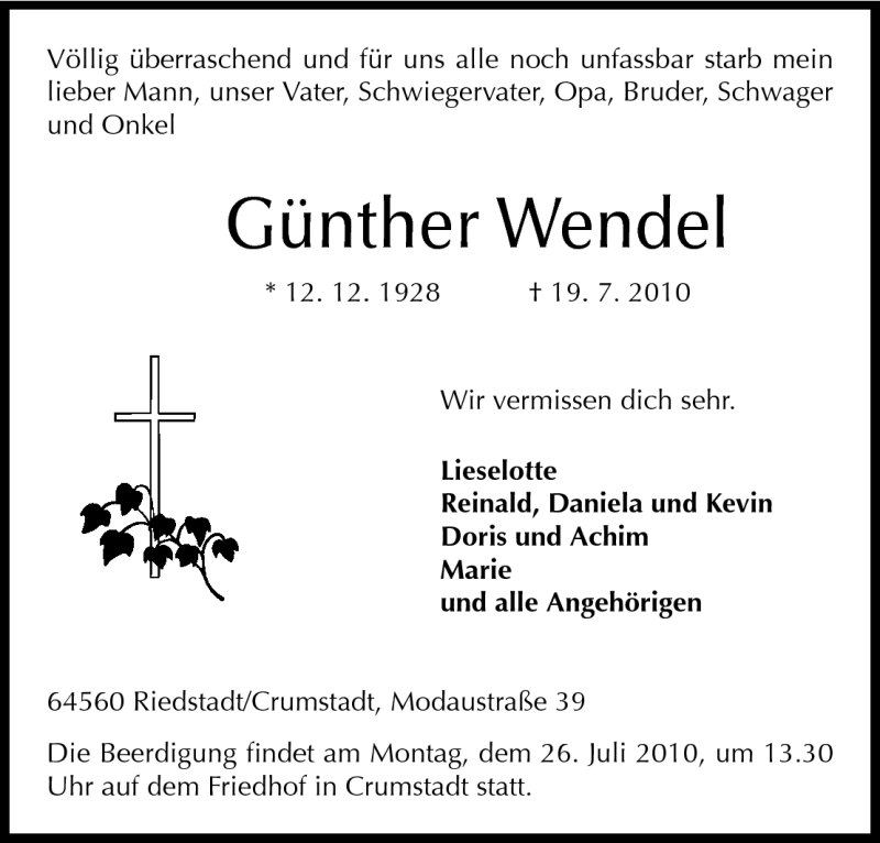  Traueranzeige für Günther Wendel vom 21.07.2010 aus Rüsselsheimer Echo, Groß-Gerauer-Echo, Ried Echo