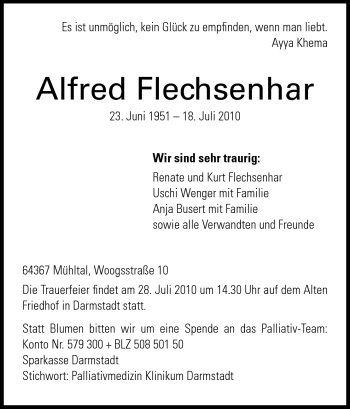 Traueranzeige von Alfred Flechsenhar von Darmstädter Echo, Odenwälder Echo, Rüsselsheimer Echo, Groß-Gerauer-Echo, Ried Echo