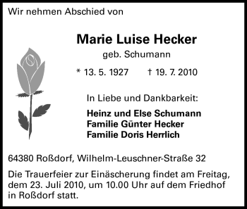 Traueranzeige von Marie Luise Hecker von Echo-Zeitungen (Gesamtausgabe)