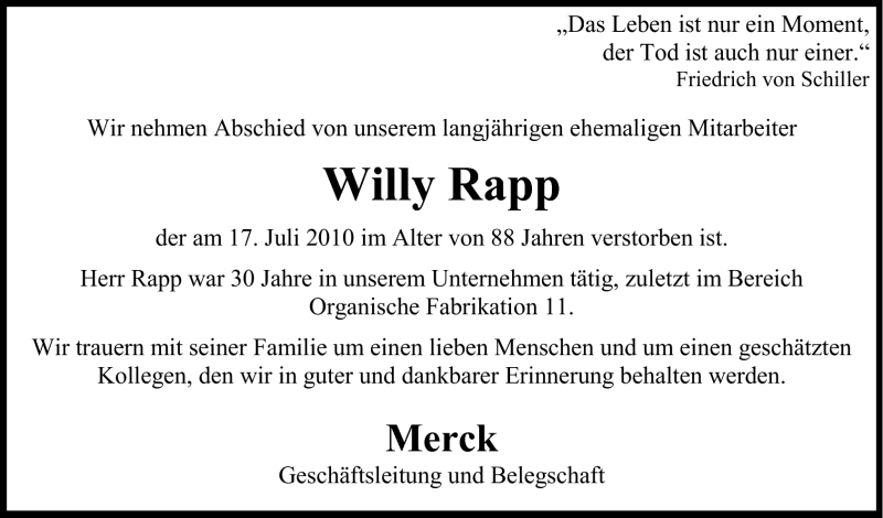  Traueranzeige für Willy Rapp vom 21.07.2010 aus Echo-Zeitungen (Gesamtausgabe)