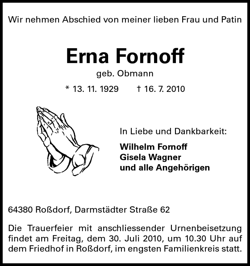  Traueranzeige für Erna Fornoff vom 27.07.2010 aus Echo-Zeitungen (Gesamtausgabe)