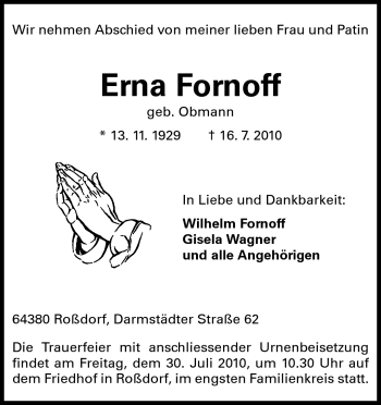 Traueranzeige von Erna Fornoff von Echo-Zeitungen (Gesamtausgabe)