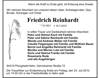 Traueranzeige von Friedrich Reinhardt von Echo-Zeitungen (Gesamtausgabe)