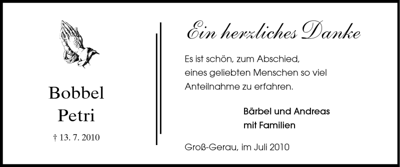  Traueranzeige für Bobbel Petri vom 24.07.2010 aus Rüsselsheimer Echo, Groß-Gerauer-Echo, Ried Echo