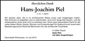 Traueranzeige von Hans-Joachim Piel von Darmstädter Echo, Odenwälder Echo, Rüsselsheimer Echo, Groß-Gerauer-Echo, Ried Echo