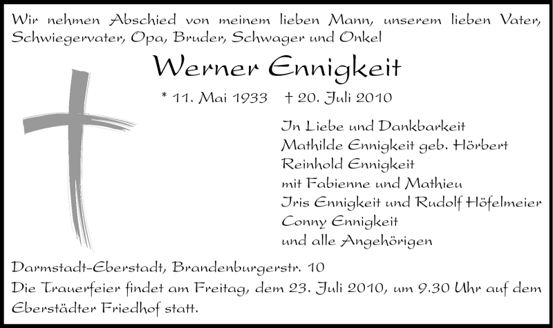  Traueranzeige für Werner Ennigkeit vom 22.07.2010 aus Echo-Zeitungen (Gesamtausgabe)