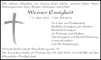Traueranzeige von Werner Ennigkeit von Echo-Zeitungen (Gesamtausgabe)