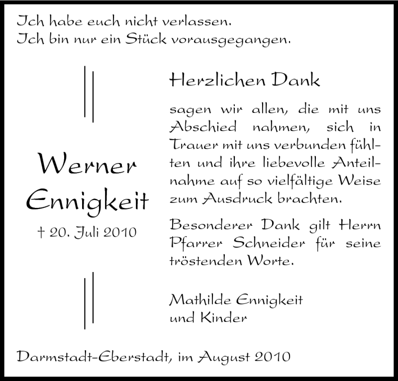  Traueranzeige für Werner Ennigkeit vom 07.08.2010 aus Echo-Zeitungen (Gesamtausgabe)