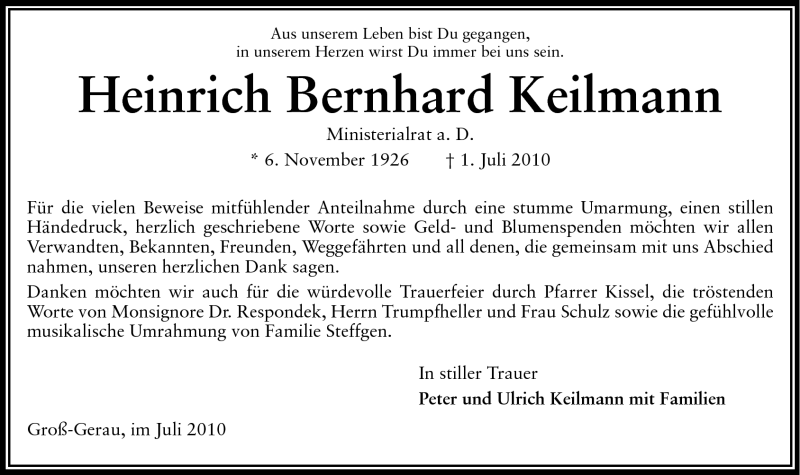  Traueranzeige für Heinrich Bernhard Keilmann vom 24.07.2010 aus Rüsselsheimer Echo, Groß-Gerauer-Echo, Ried Echo