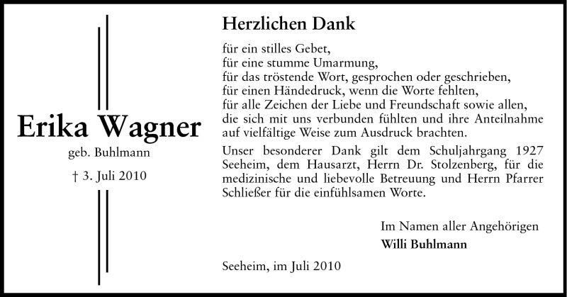  Traueranzeige für Erika Wagner vom 24.07.2010 aus Echo-Zeitungen (Gesamtausgabe)