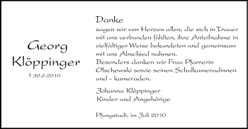Traueranzeige von Georg Klöppinger von Echo-Zeitungen (Gesamtausgabe)