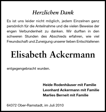 Traueranzeige von Elisabeth Ackermann von Darmstädter Echo, Odenwälder Echo, Rüsselsheimer Echo, Groß-Gerauer-Echo, Ried Echo