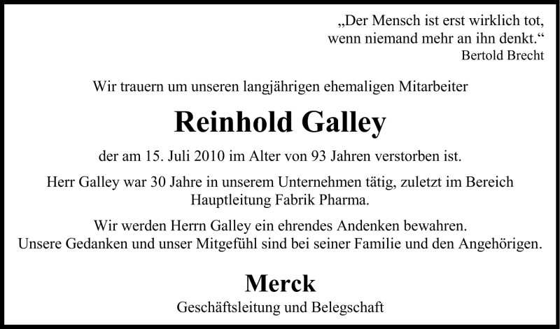  Traueranzeige für Reinhold Galley vom 22.07.2010 aus Echo-Zeitungen (Gesamtausgabe)