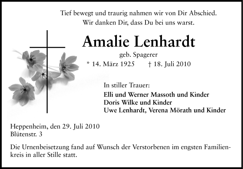  Traueranzeige für Amalie Lenhardt vom 29.07.2010 aus Starkenburger Echo