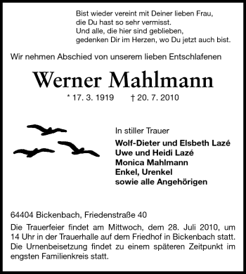 Traueranzeige von Werner Mahlmann von Echo-Zeitungen (Gesamtausgabe)