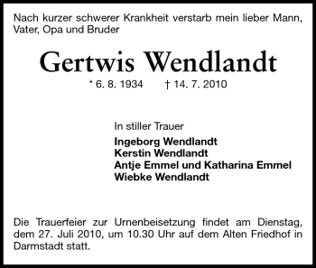 Traueranzeige von Gertwis Wendlandt von Echo-Zeitungen (Gesamtausgabe)