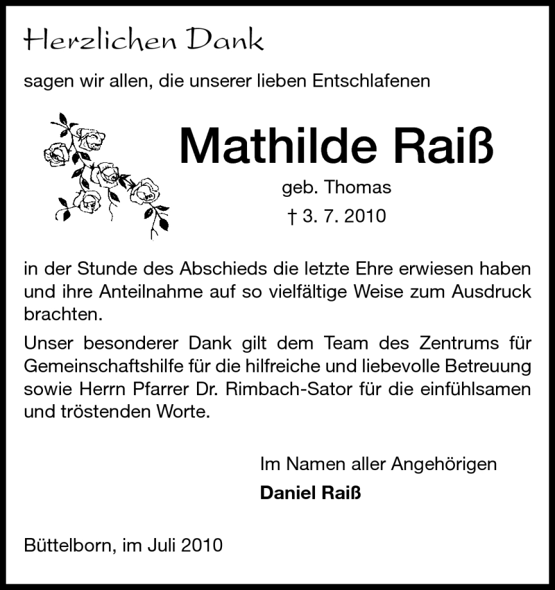  Traueranzeige für Maria Raiß vom 24.07.2010 aus Rüsselsheimer Echo, Groß-Gerauer-Echo, Ried Echo