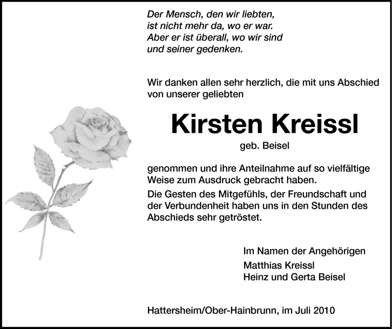  Traueranzeige für Kirsten Kreissl vom 24.07.2010 aus Odenwälder Echo