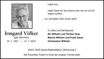 Traueranzeige von Irmgard Völker von Rüsselsheimer Echo, Groß-Gerauer-Echo, Ried Echo