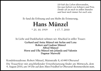 Traueranzeige von Hans Münzel von Odenwälder Echo