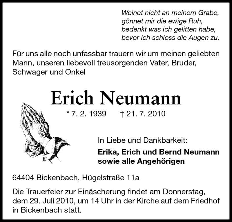  Traueranzeige für Erich Neumann vom 24.07.2010 aus Echo-Zeitungen (Gesamtausgabe)