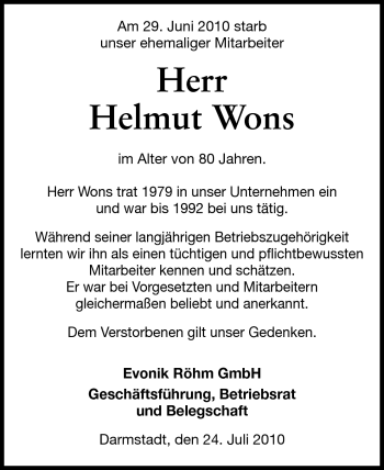 Traueranzeige von Helmut Wons von Echo-Zeitungen (Gesamtausgabe)