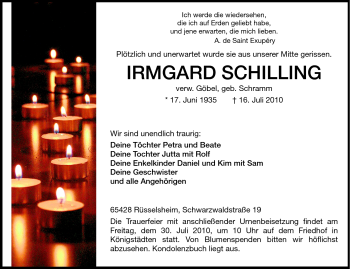 Traueranzeige von Irmgard Schilling von Rüsselsheimer Echo, Groß-Gerauer-Echo, Ried Echo