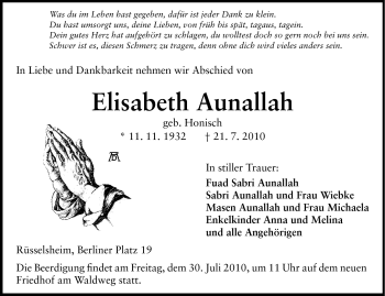 Traueranzeige von Elisabeth Aunallah von Rüsselsheimer Echo, Groß-Gerauer-Echo, Ried Echo