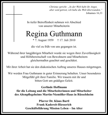 Traueranzeige von Regina Guthmann von Echo-Zeitungen (Gesamtausgabe)