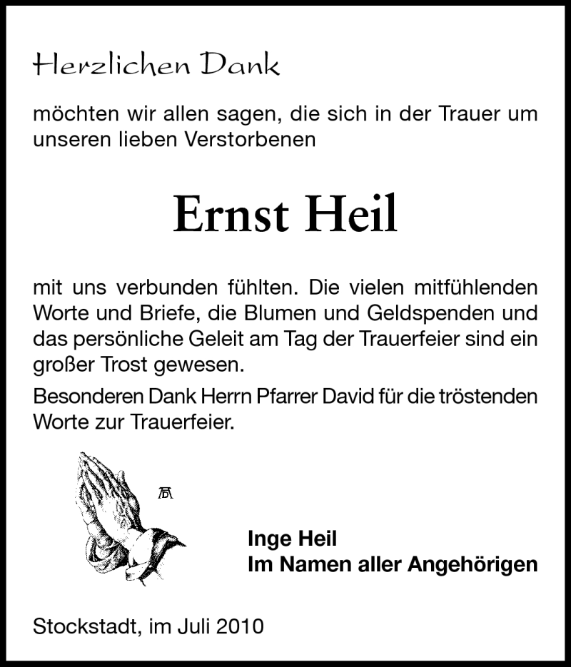  Traueranzeige für Ernst Heil vom 24.07.2010 aus Darmstädter Echo, Odenwälder Echo, Rüsselsheimer Echo, Groß-Gerauer-Echo, Ried Echo