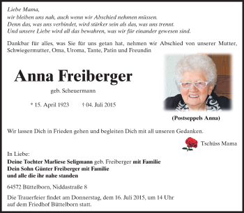 Traueranzeige von Anna Freiberger von Rüsselsheimer Echo, Groß-Gerauer-Echo, Ried Echo
