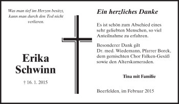 Traueranzeige von Erika Schwinn von Odenwälder Echo