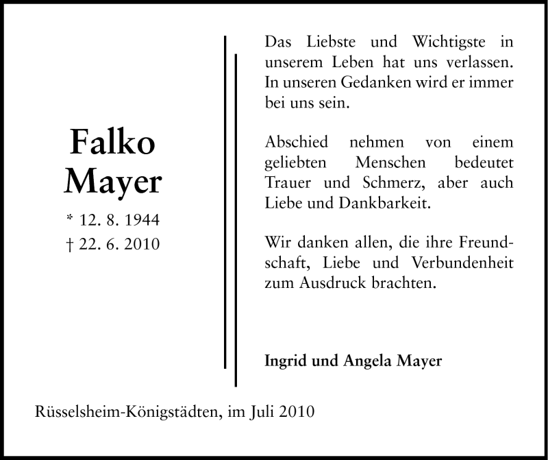  Traueranzeige für Falko Mayer vom 26.07.2010 aus Rüsselsheimer Echo, Groß-Gerauer-Echo, Ried Echo