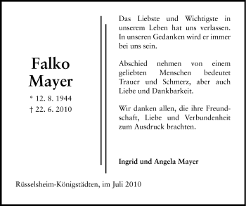 Traueranzeige von Falko Mayer von Rüsselsheimer Echo, Groß-Gerauer-Echo, Ried Echo