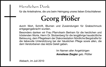Traueranzeige von Georg Plößer von Echo-Zeitungen (Gesamtausgabe)