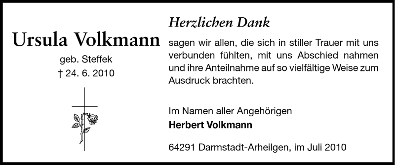  Traueranzeige für Ursula Volkmann vom 24.07.2010 aus Echo-Zeitungen (Gesamtausgabe)