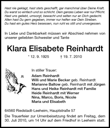 Traueranzeige von Klara Elisabete Reinhardt von Rüsselsheimer Echo, Groß-Gerauer-Echo, Ried Echo