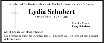 Traueranzeige von Lydia Schubert von Odenwälder Echo