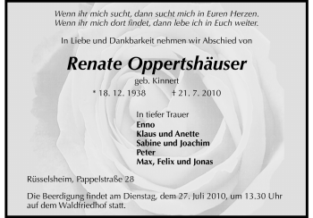 Traueranzeige von Renate Oppershäuser von Rüsselsheimer Echo, Groß-Gerauer-Echo, Ried Echo
