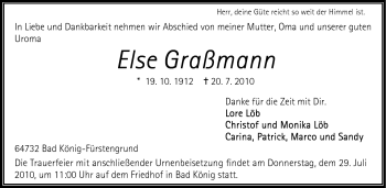 Traueranzeige von Else Graßmann von Odenwälder Echo