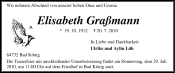 Traueranzeige von Elisabeth Graßmann von Odenwälder Echo