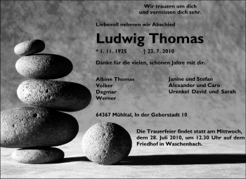 Traueranzeige von Ludwig Thomas von Darmstädter Echo, Odenwälder Echo, Rüsselsheimer Echo, Groß-Gerauer-Echo, Ried Echo
