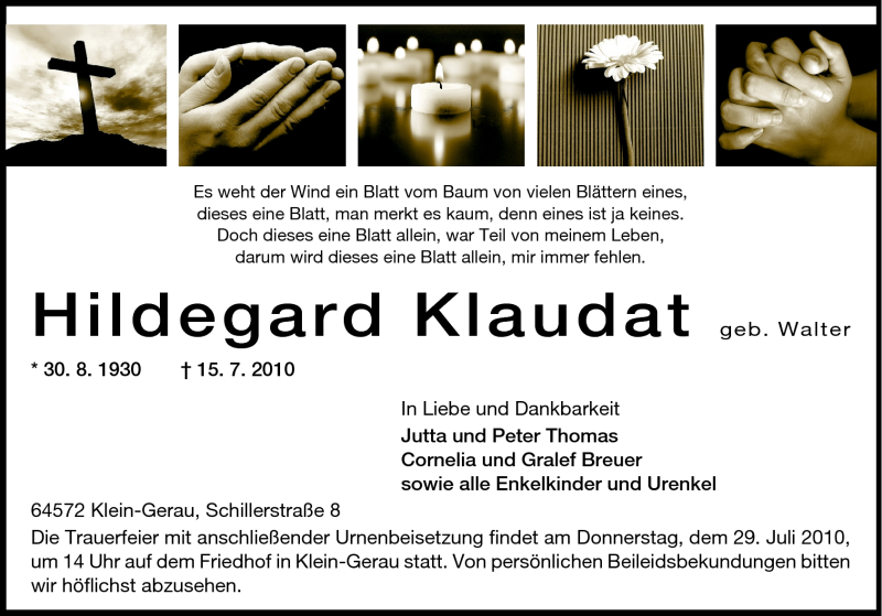  Traueranzeige für Hildegard Klaudat vom 27.07.2010 aus Echo-Zeitungen (Gesamtausgabe)