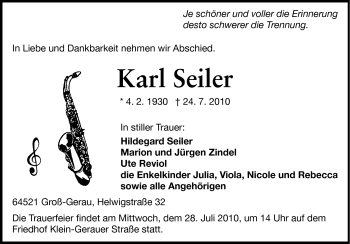 Traueranzeige von Karl Seiler von Rüsselsheimer Echo, Groß-Gerauer-Echo, Ried Echo