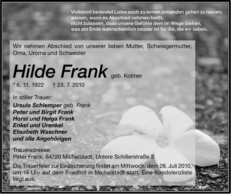  Traueranzeige für Hilde Frank vom 27.07.2010 aus Odenwälder Echo