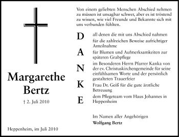 Traueranzeige von Margarethe Bertz von Starkenburger Echo