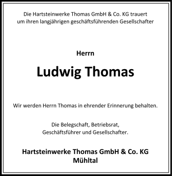 Traueranzeige von Ludwig Thomas von Echo-Zeitungen (Gesamtausgabe)